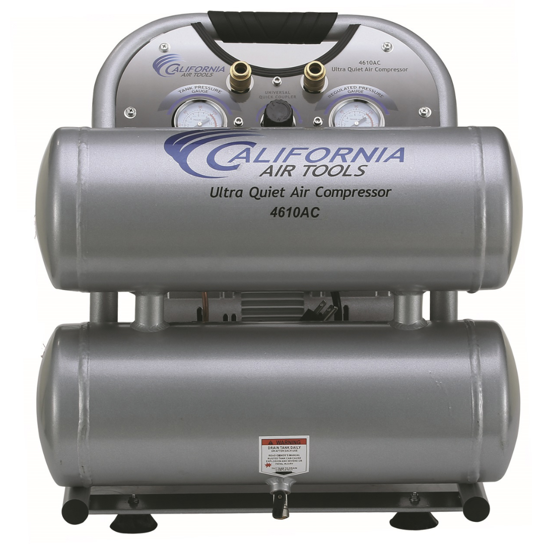 California Air Tools 4610AC Ultra Quiet 1.0 HP Aluminum 4.6 Gallon Air Compressor dual tank design front angle view