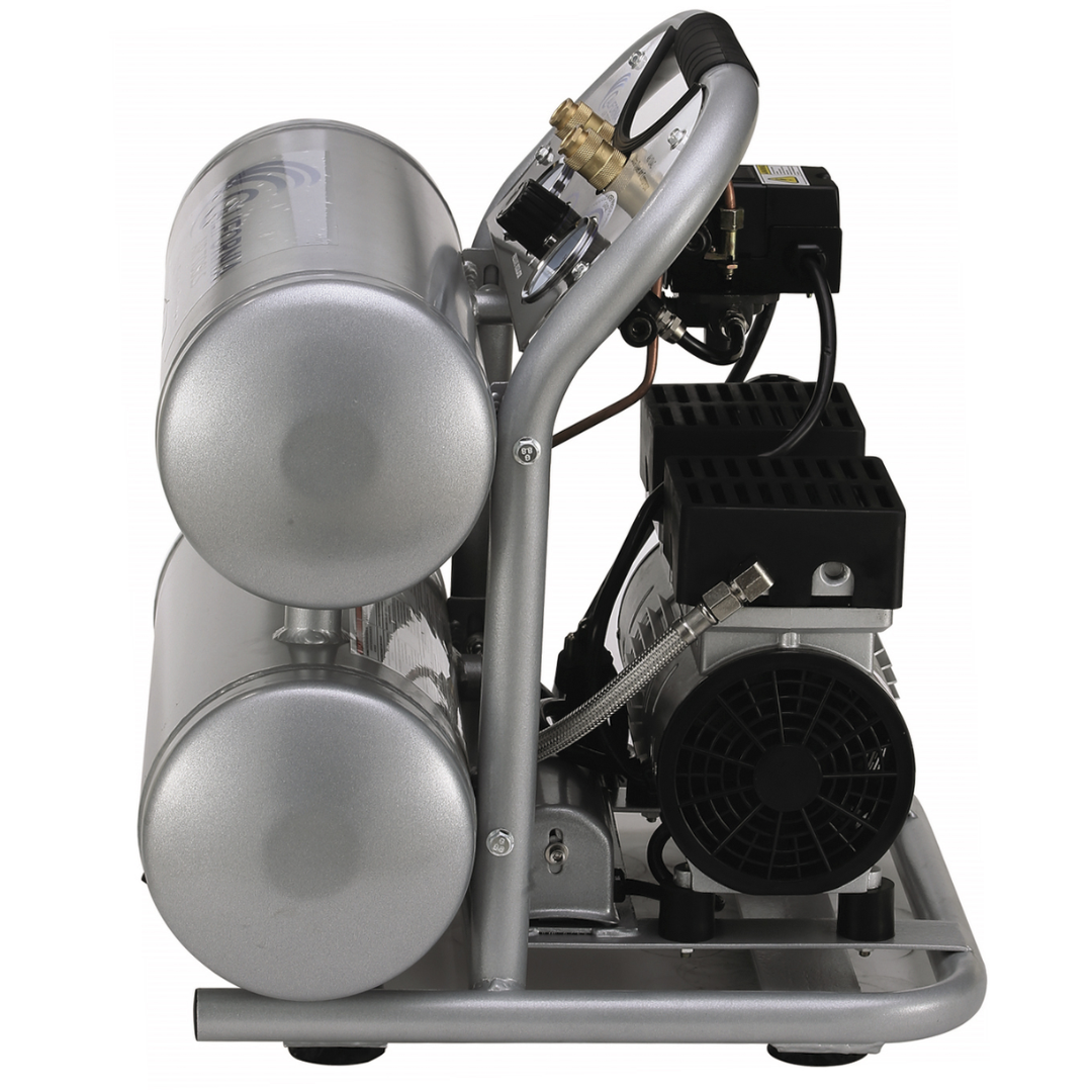 California Air Tools 4610AC Ultra Quiet 1.0 HP Aluminum 4.6 Gallon Air Compressor internal motor and pump configuration exposed view.