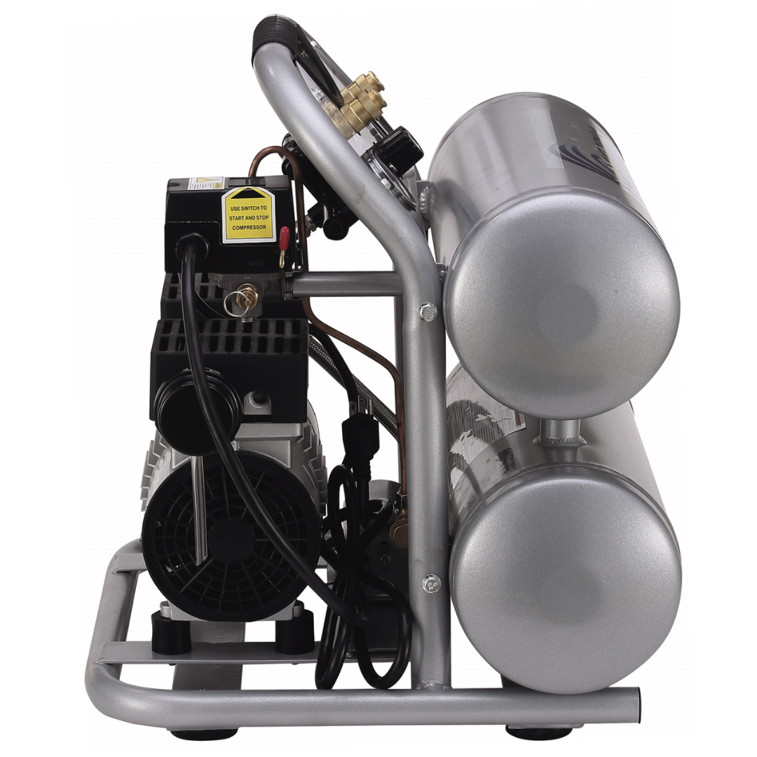 California Air Tools 4610AC Ultra Quiet 1.0 HP Aluminum 4.6 Gallon Air Compressor internal motor and pump configuration exposed view