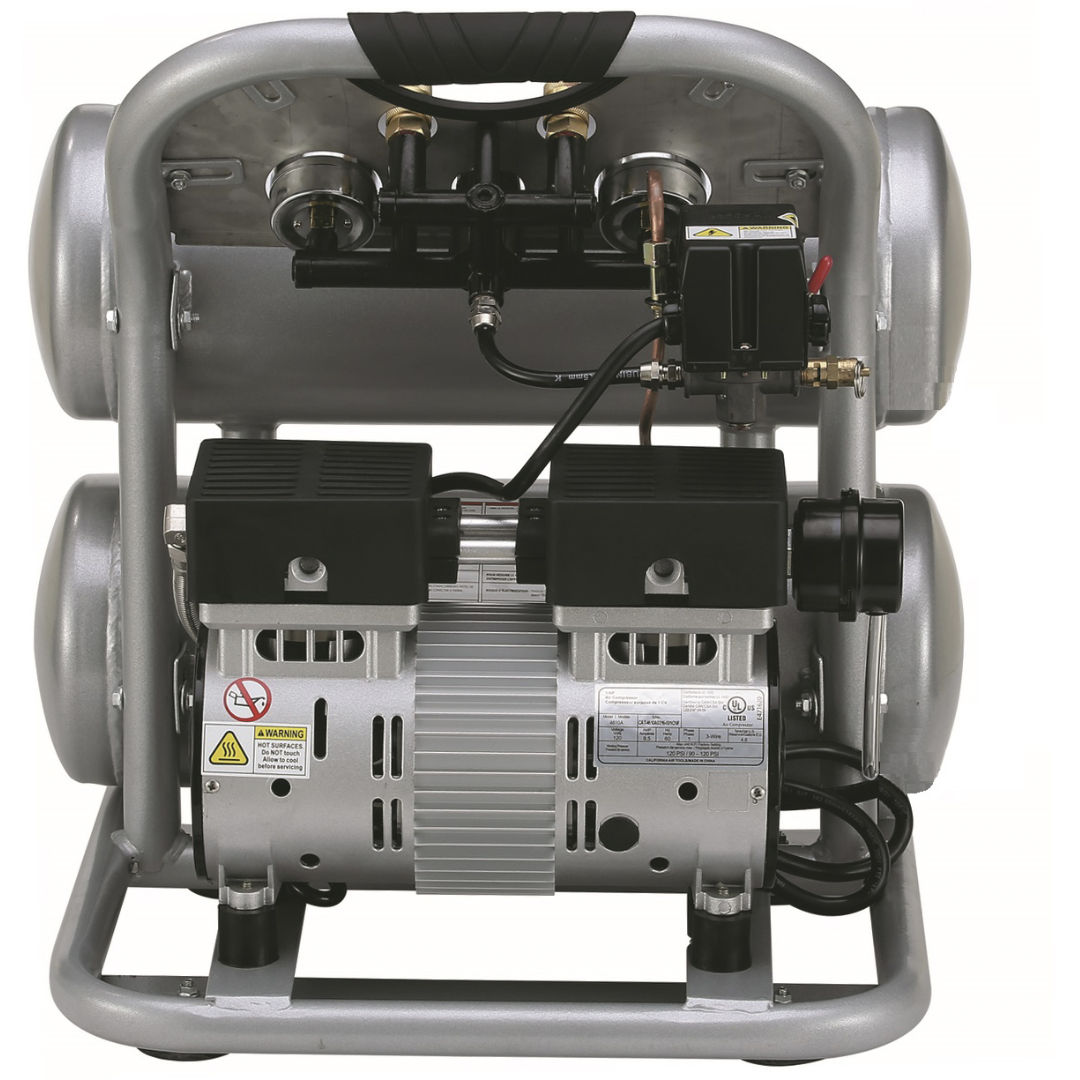 California Air Tools 4610AC Ultra Quiet 1.0 HP Aluminum 4.6 Gallon Air Compressor rear view showing motor assembly and components.