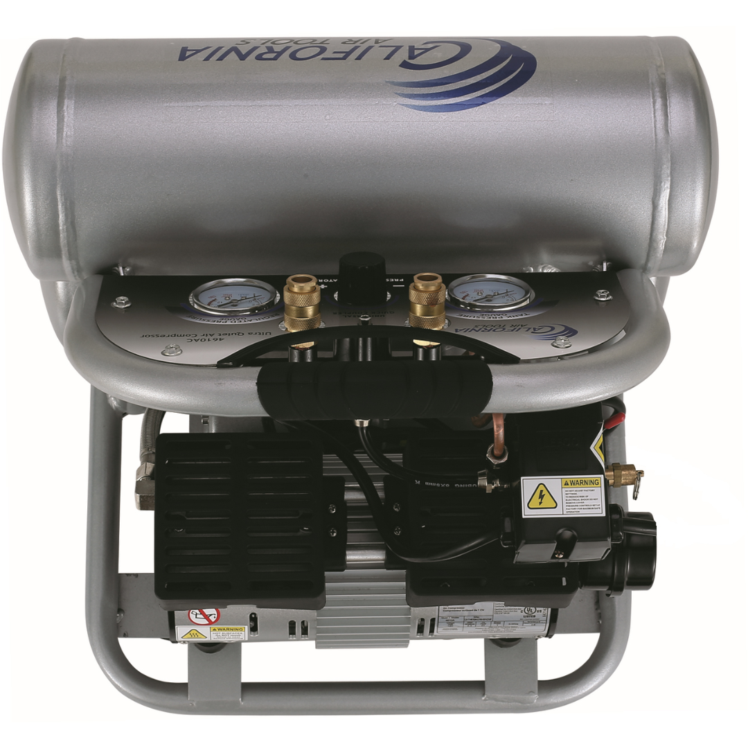 California Air Tools 4610AC Ultra Quiet 1.0 HP Aluminum 4.6 Gallon Air Compressor rear view showing motor assembly and components