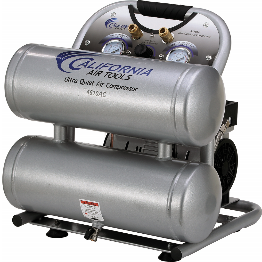 California Air Tools 4610AC Ultra Quiet 1.0 HP Aluminum 4.6 Gallon Air Compressor side profile showing lightweight aluminum twin tanks