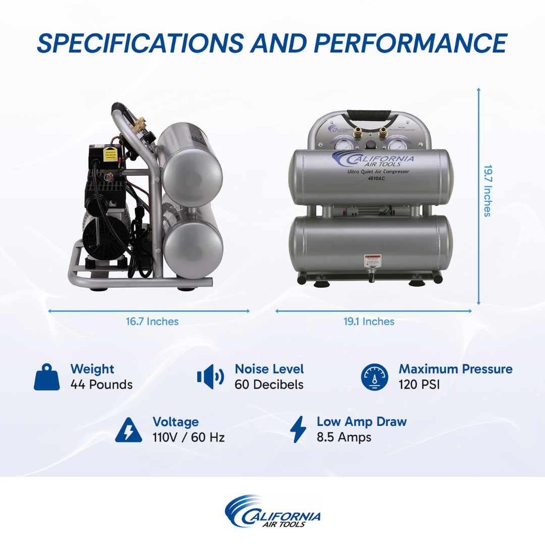 California Air Tools 4610AC Ultra Quiet 1.0 HP Aluminum 4.6 Gallon Air Compressor underside mechanical layout and structure