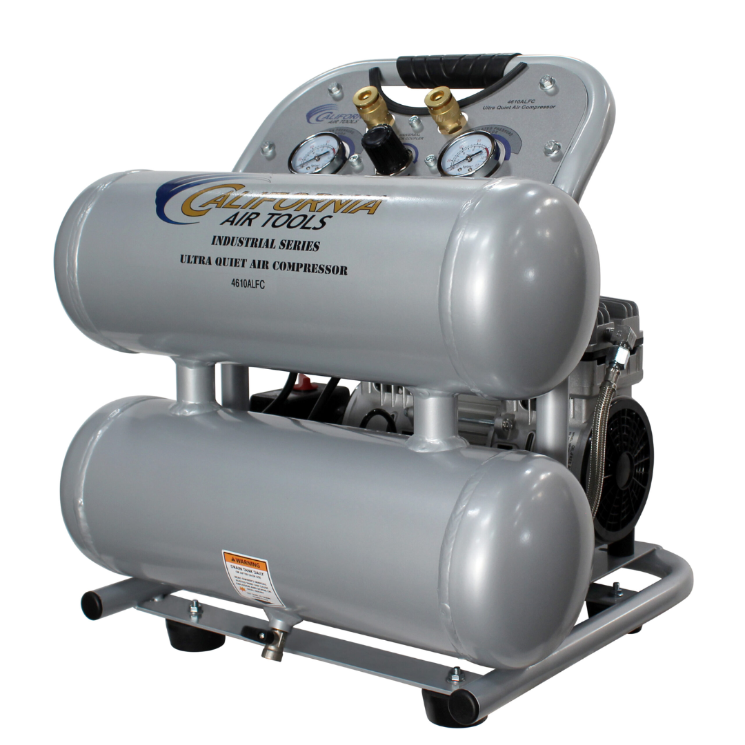 California Air Tools 4610ALFC Ultra Quiet 1.0 Hp oil-free 4.6 gallon air compressor dual tank configuration with reinforced frame and portability handles