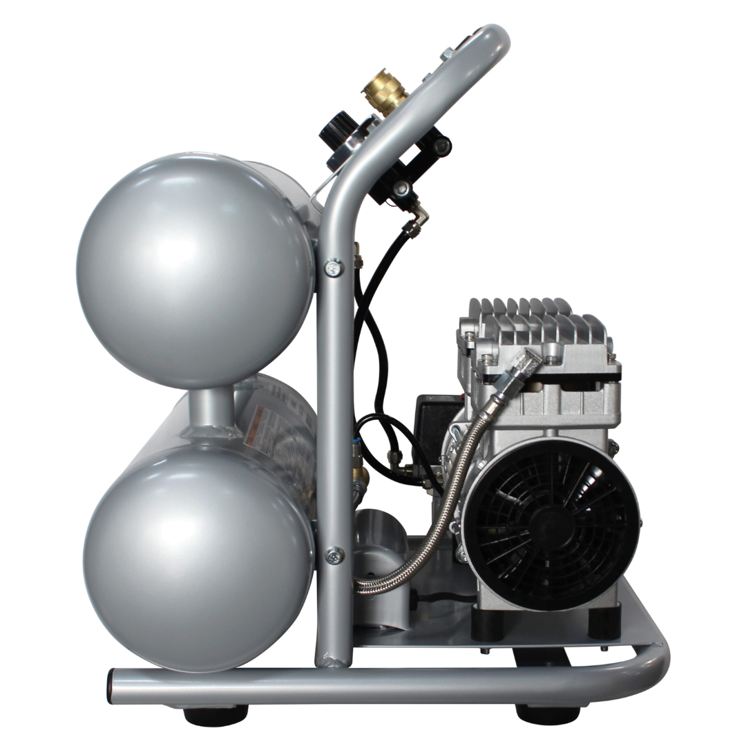 California Air Tools 4610ALFC Ultra Quiet 1.0 Hp oil-free 4.6 gallon air compressor rear and motor assembly view showing cooling system and structural frame