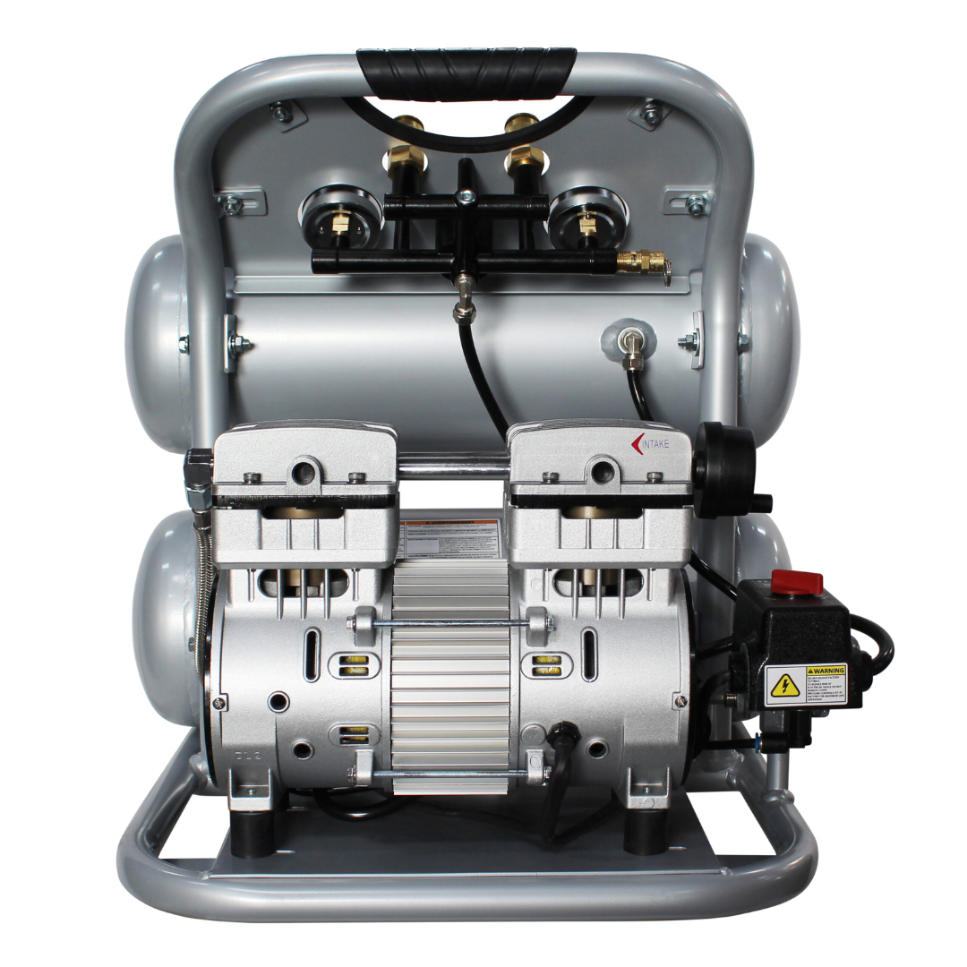 California Air Tools 4610ALFC Ultra Quiet 1.0 Hp oil-free 4.6 gallon air compressor side profile showing compact industrial series design and motor placement