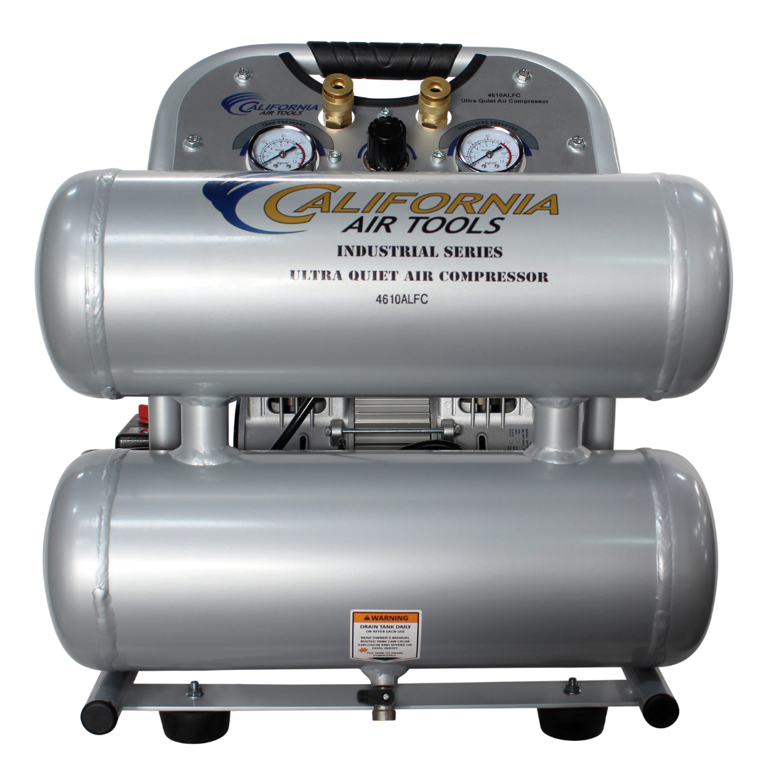California Air Tools 4610ALFC Ultra Quiet 1.0 Hp oil-free 4.6 gallon air compressor specifications chart detailing airflow, noise level, and efficiency metrics