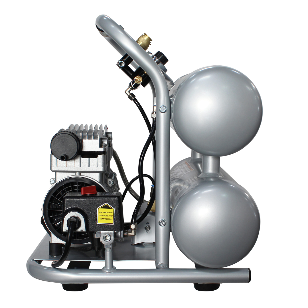 California Air Tools 4610ALFC Ultra Quiet 1.0 Hp oil-free 4.6 gallon air compressor top control panel view with gauges, regulator, and quick-connect fittings