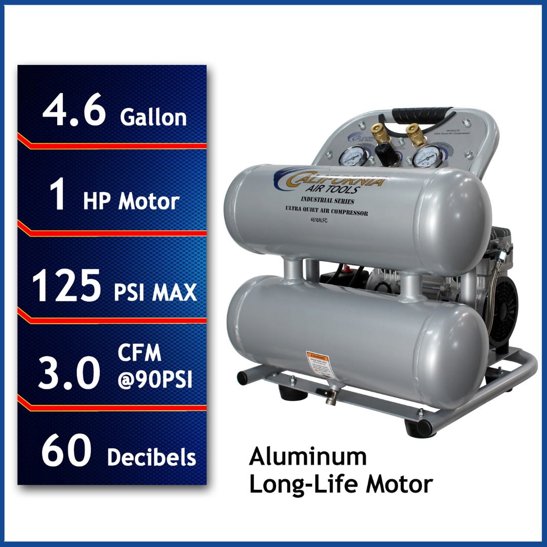 California Air Tools 4610ALFC Ultra Quiet 1.0 Hp oil-free 4.6 gallon air compressor with dual tank aluminum design and performance specs display