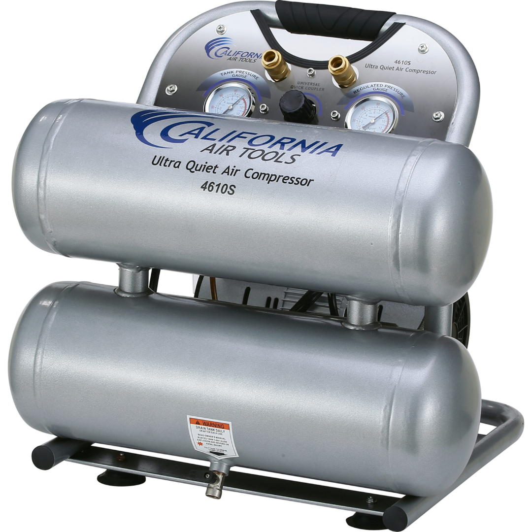 California Air Tools 4610S Ultra Quiet 1.0 Hp oil-free 4.6 gallon air compressor angled side view showing motor and tank assembly