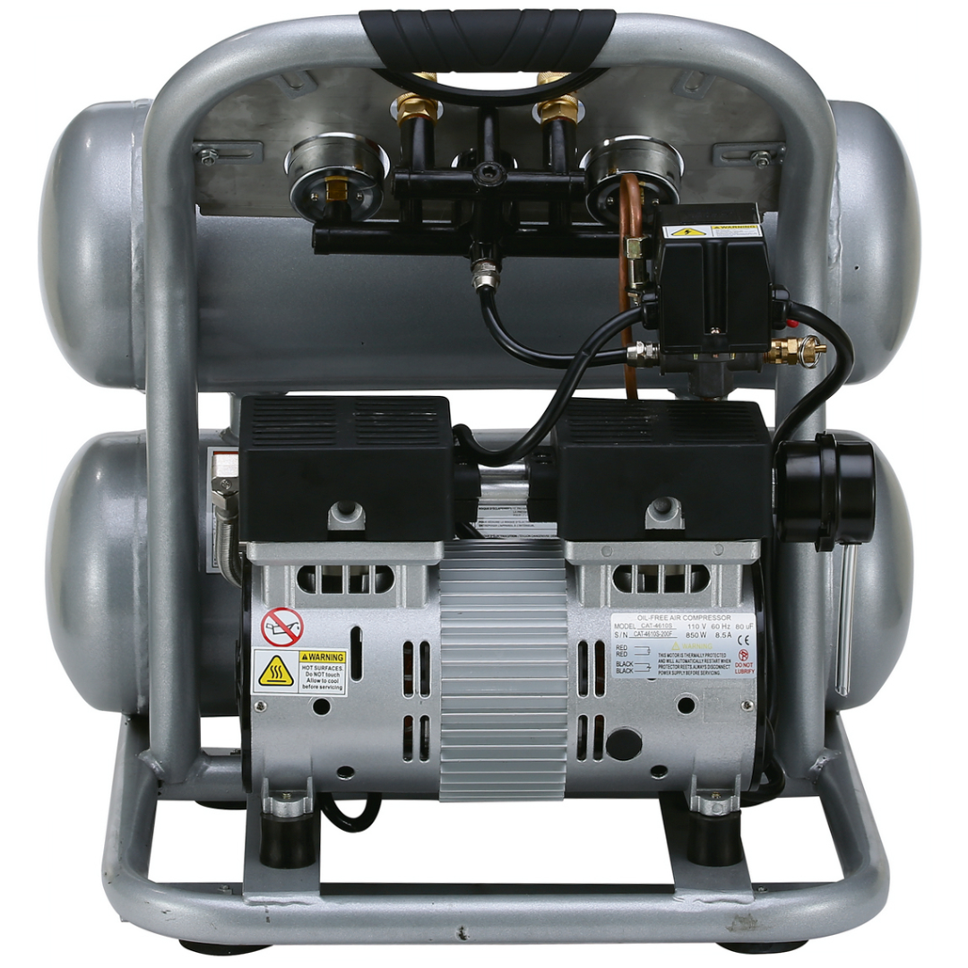California Air Tools 4610S Ultra Quiet 1.0 Hp oil-free 4.6 gallon air compressor control panel with gauges and quick connect couplers