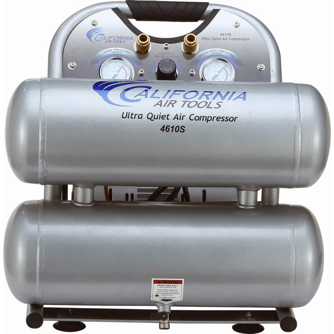 California Air Tools 4610S Ultra Quiet 1.0 Hp oil-free 4.6 gallon air compressor dual tank configuration with reinforced frame and handles