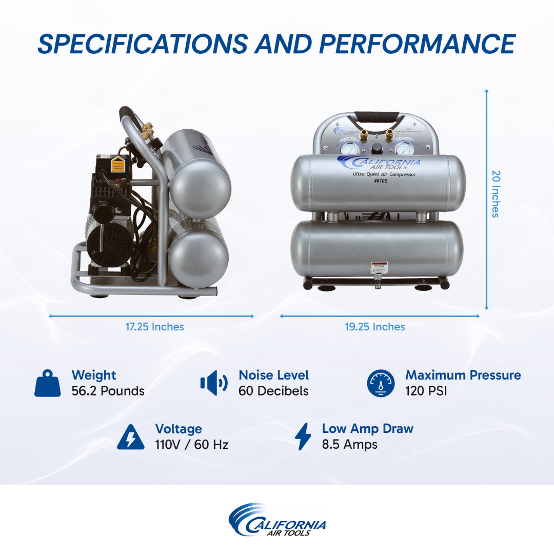 California Air Tools 4610S Ultra Quiet 1.0 Hp oil-free 4.6 gallon air compressor performance specifications and airflow comparison chart