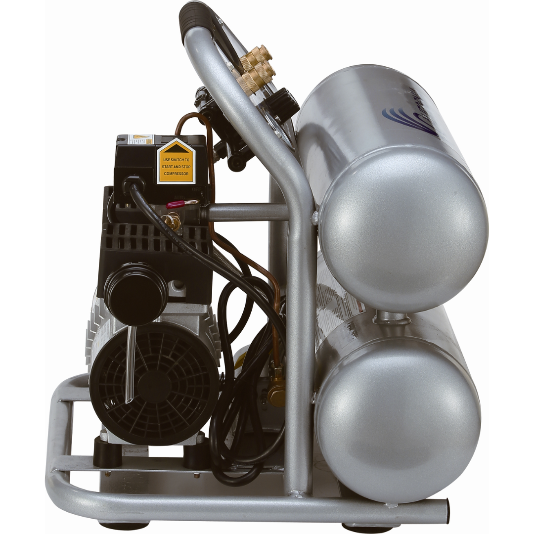 California Air Tools 4610S Ultra Quiet 1.0 Hp oil-free 4.6 gallon air compressor rear view with pump system and cooling components