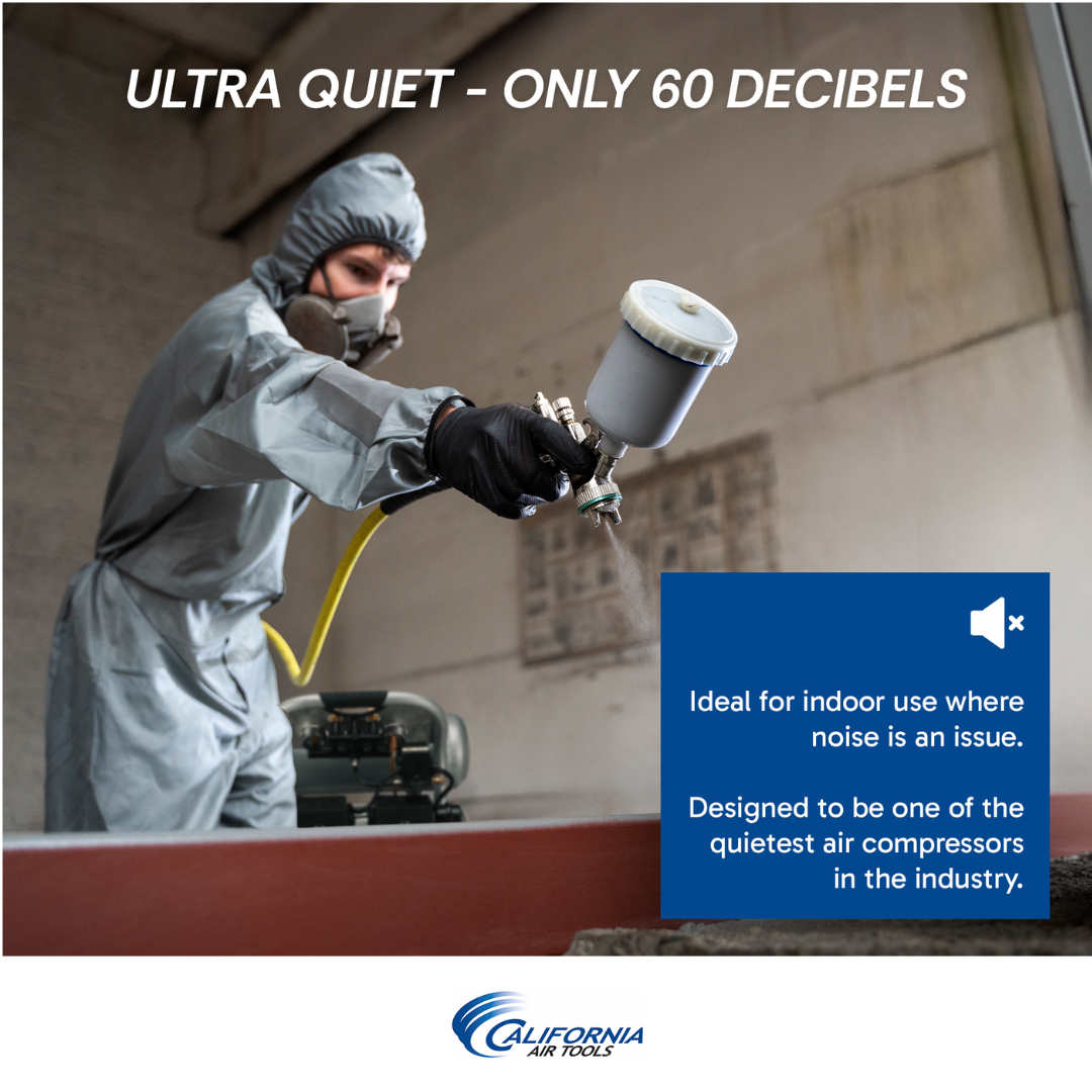 California Air Tools 4610S Ultra Quiet 1.0 Hp oil-free 4.6 gallon air compressor usage example for spray painting and indoor applications