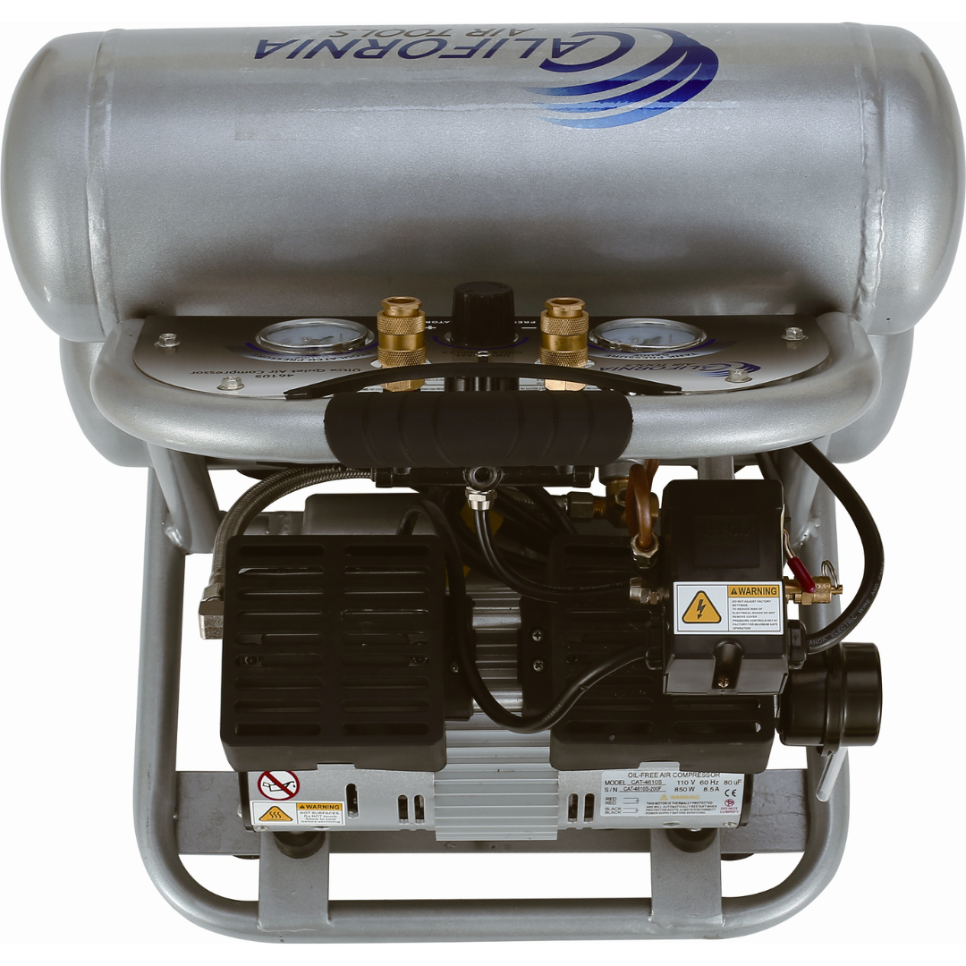 California Air Tools 4610S Ultra Quiet 1.0 Hp oil-free 4.6 gallon air compressor vertical tank orientation showing stacked tank design