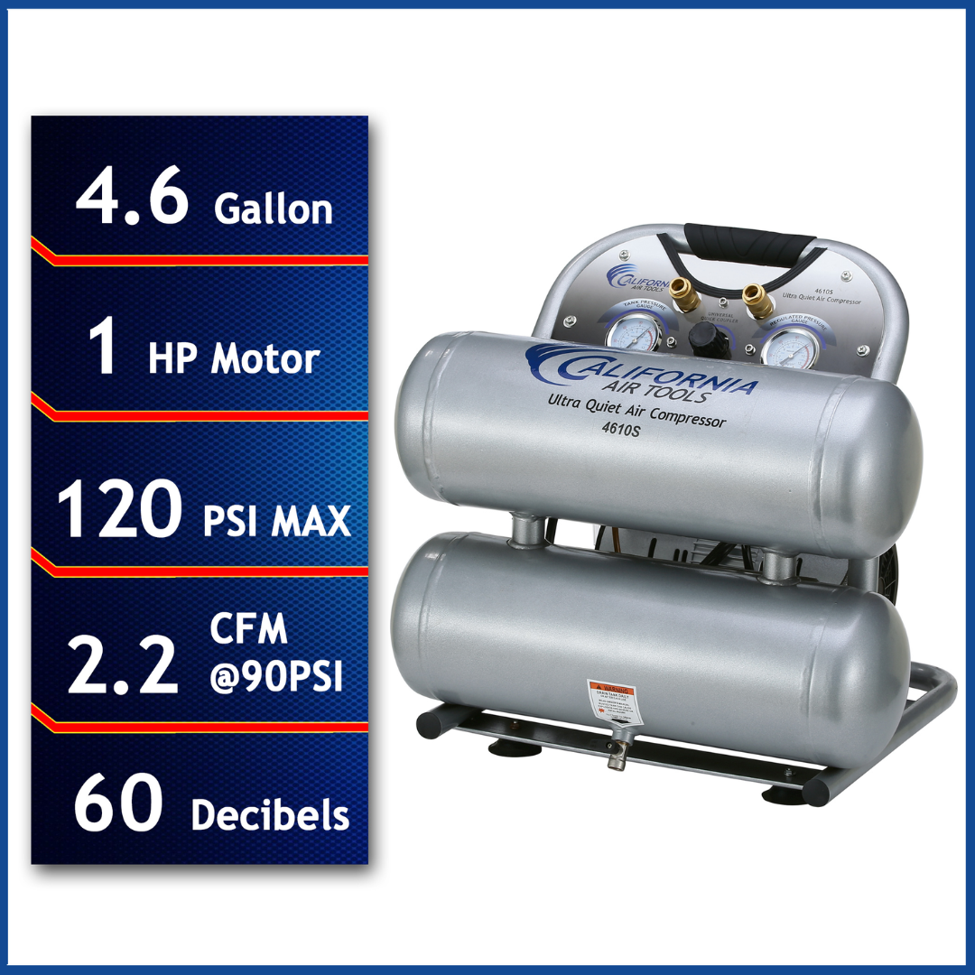 California Air Tools 4610S Ultra Quiet 1.0 Hp oil-free 4.6 gallon air compressor with dual tank design and performance specifications display