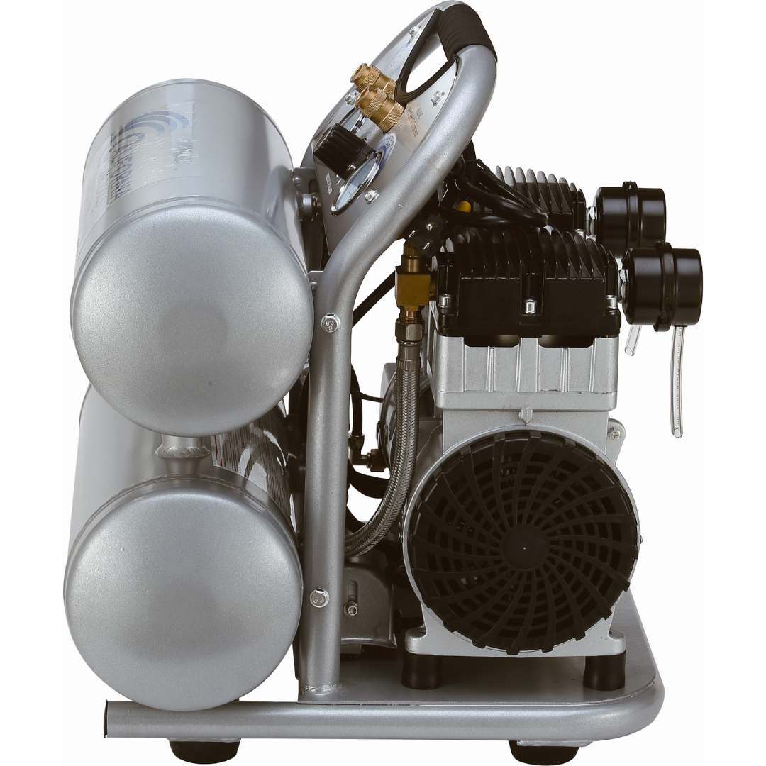 California Air Tools 4620AC Powerful 2.0 Hp ultra quiet oil-free air compressor angled side view showing motor and tank configuration