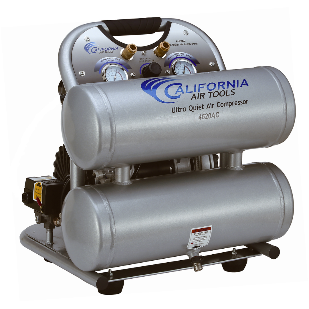 California Air Tools 4620AC Powerful 2.0 Hp ultra quiet oil-free air compressor front view highlighting aluminum rust-free twin tank construction