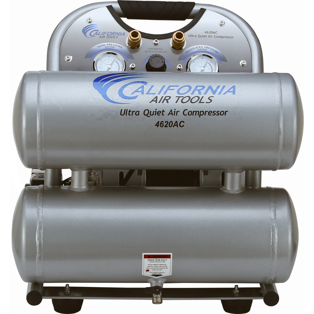 California Air Tools 4620AC Powerful 2.0 Hp ultra quiet oil-free air compressor front view highlighting aluminum rust-free twin tank construction