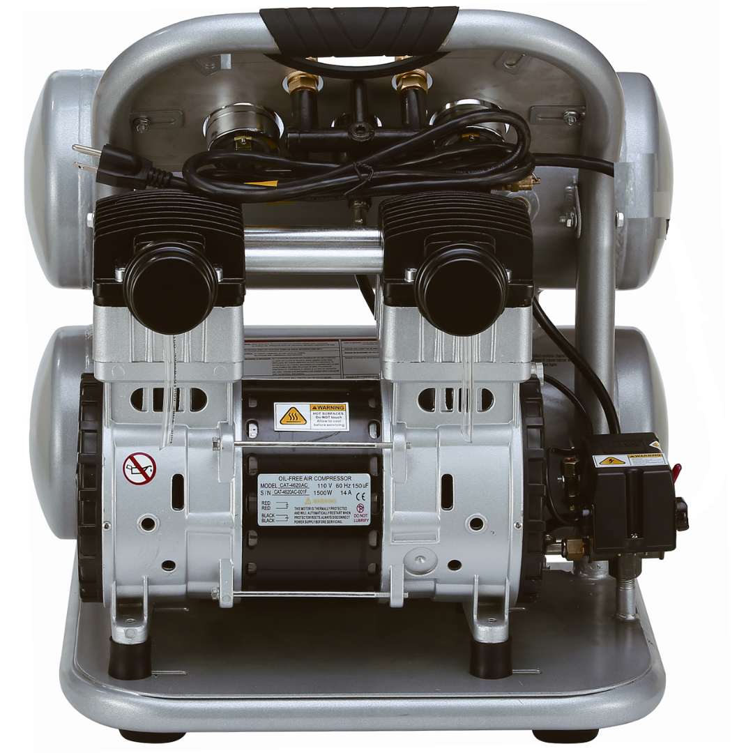 California Air Tools 4620AC Powerful 2.0 Hp ultra quiet oil-free air compressor internal pump system highlighting oil-free dual piston mechanism