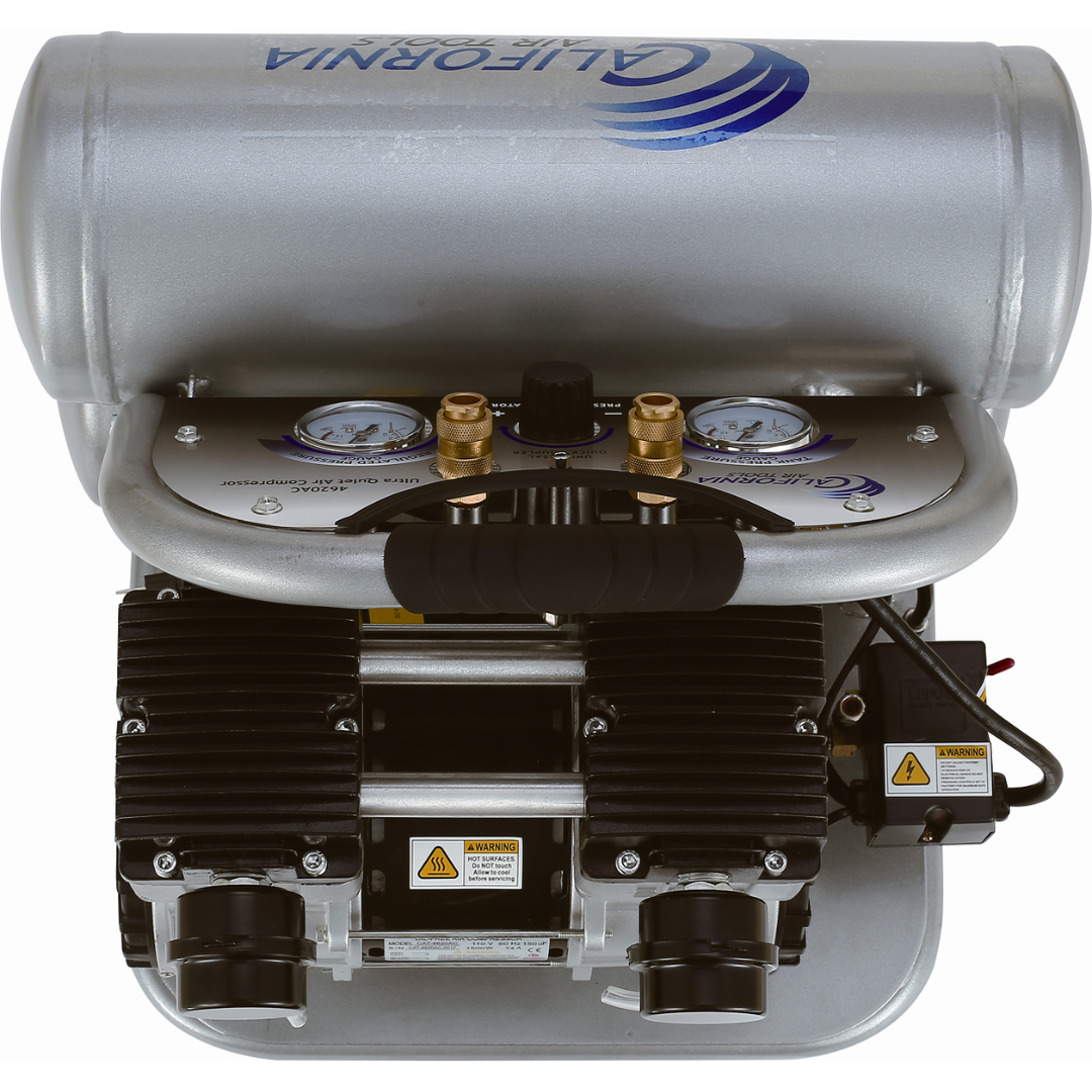 California Air Tools 4620AC Powerful 2.0 Hp ultra quiet oil-free air compressor rear view displaying dual piston pump system and cooling assembly