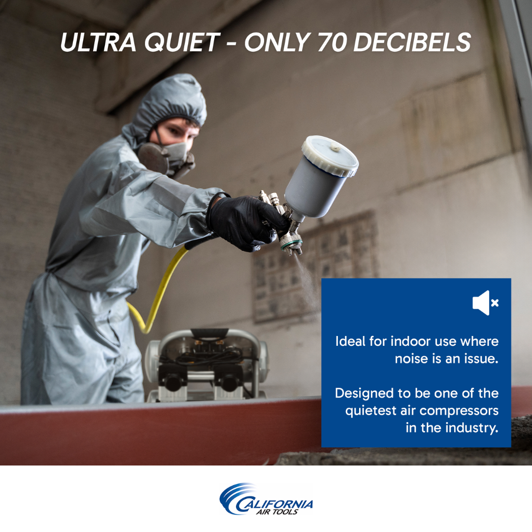 California Air Tools 4620AC Powerful 2.0 Hp ultra quiet oil-free air compressor usage example for spray painting and indoor jobsite work