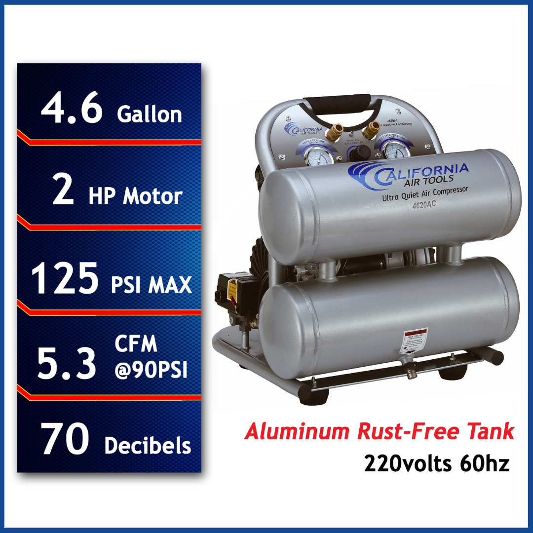 California Air Tools 4620AC Powerful 2.0 Hp ultra quiet oil-free air compressor with 4.6 gallon aluminum rust-free tank and performance specs display.
