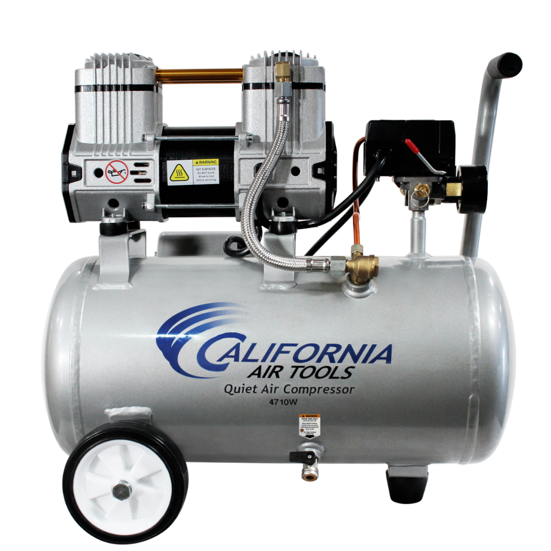 California Air Tools 4710W 4.7 Gal 1.0 Hp Quiet Air Compressor front angle view showing steel tank, wheels, and handle for portability