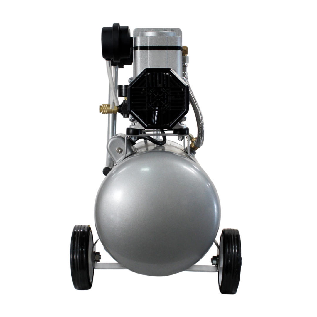 California Air Tools 4710W 4.7 Gal 1.0 Hp Quiet Air Compressor front view with dual motor head and transport wheels