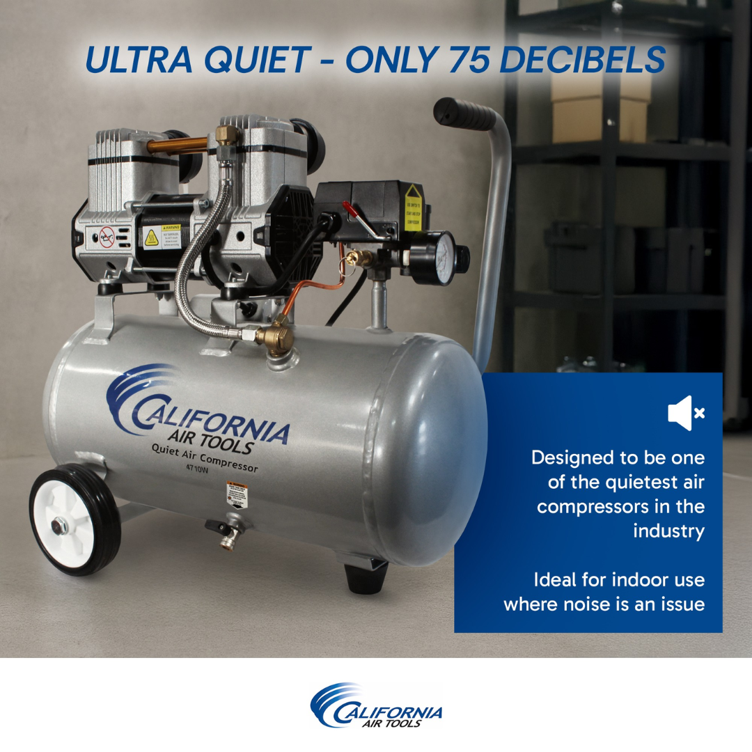 California Air Tools 4710W 4.7 Gal 1.0 Hp Quiet Air Compressor promotional image emphasizing ultra quiet 75 decibel operation