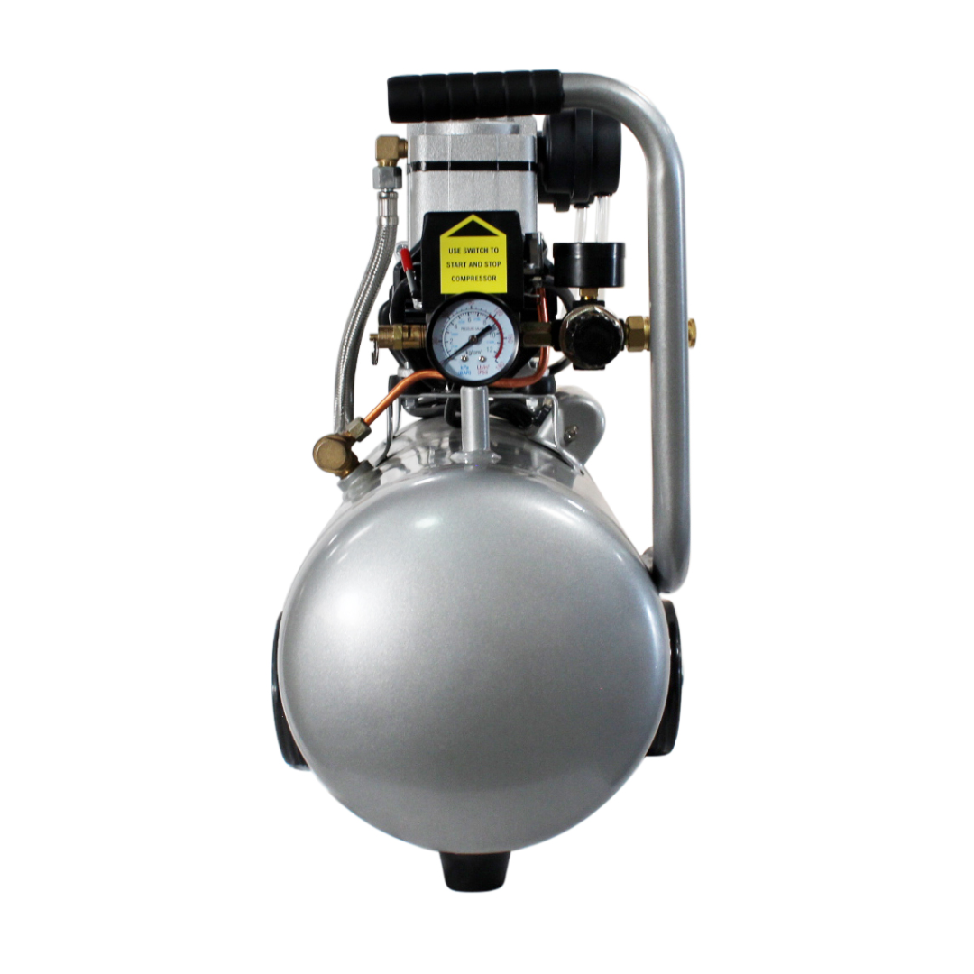 California Air Tools 4710W 4.7 Gal 1.0 Hp Quiet Air Compressor rear vertical view showing rounded tank and upright frame structure