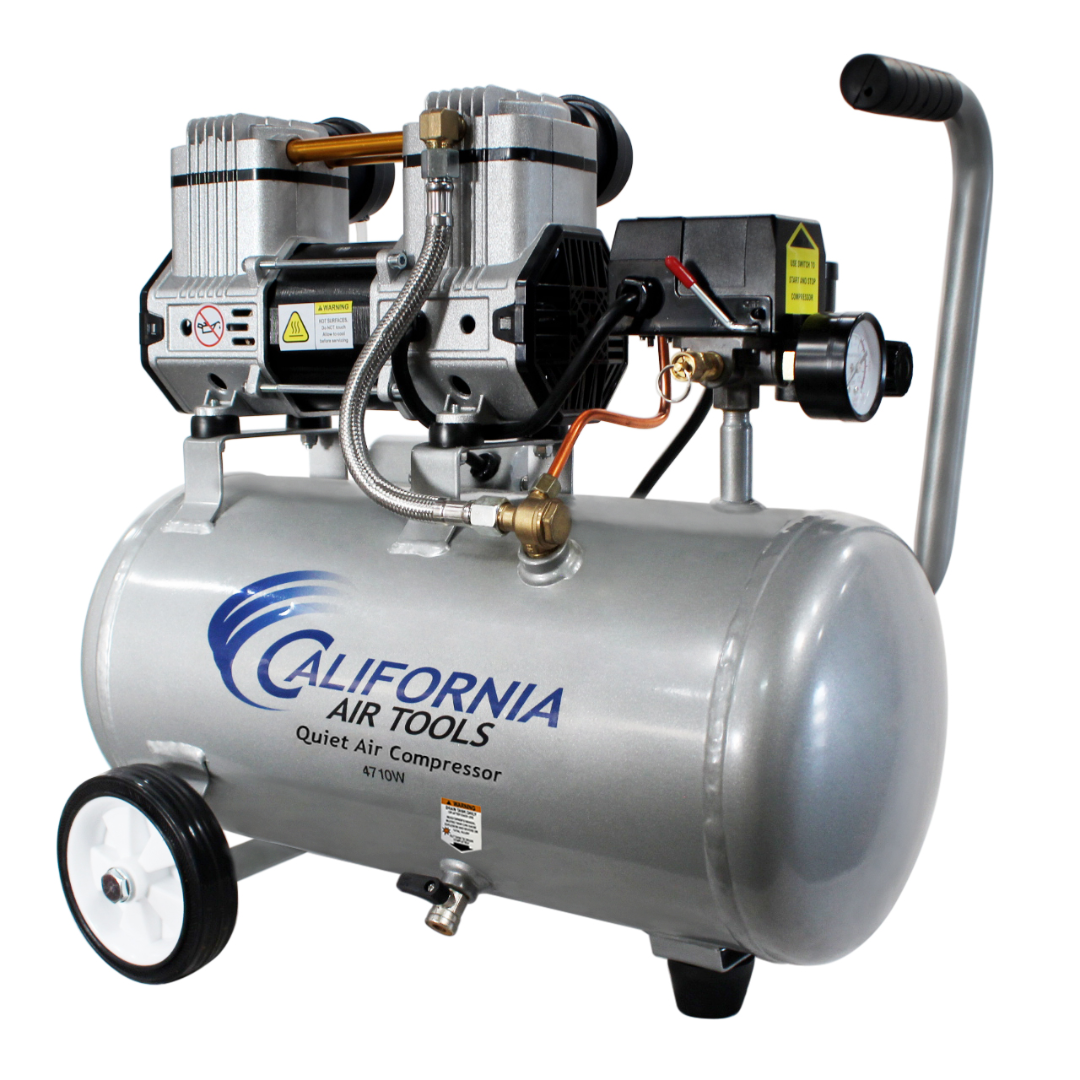 California Air Tools 4710W 4.7 Gal 1.0 Hp Quiet Air Compressor side view with motor assembly and horizontal tank layout