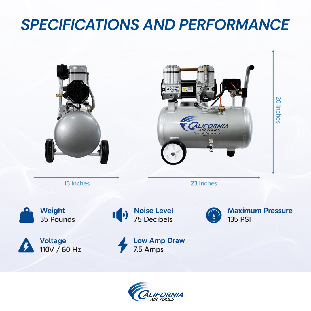 California Air Tools 4710W 4.7 Gal 1.0 Hp Quiet Air Compressor specifications and performance chart with airflow and pressure details