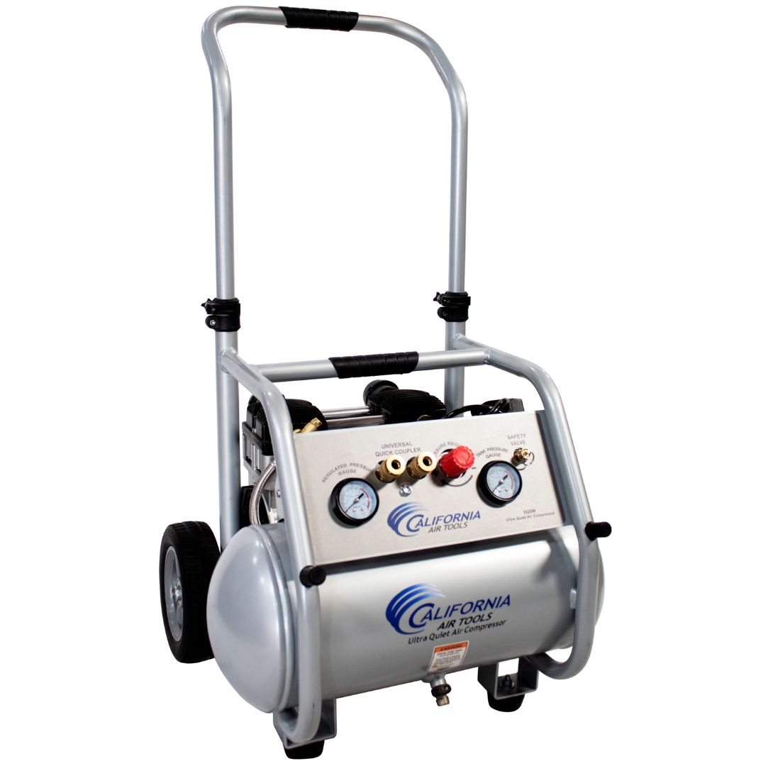 California Air Tools 5020W Powerful 2.0 Hp ultra quiet oil-free rugged 5 gallon air compressor angled view showing handle and tank construction