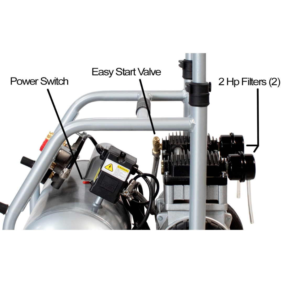California Air Tools 5020W Powerful 2.0 Hp ultra quiet oil-free rugged 5 gallon air compressor close-up of Easy Start Valve and pump system