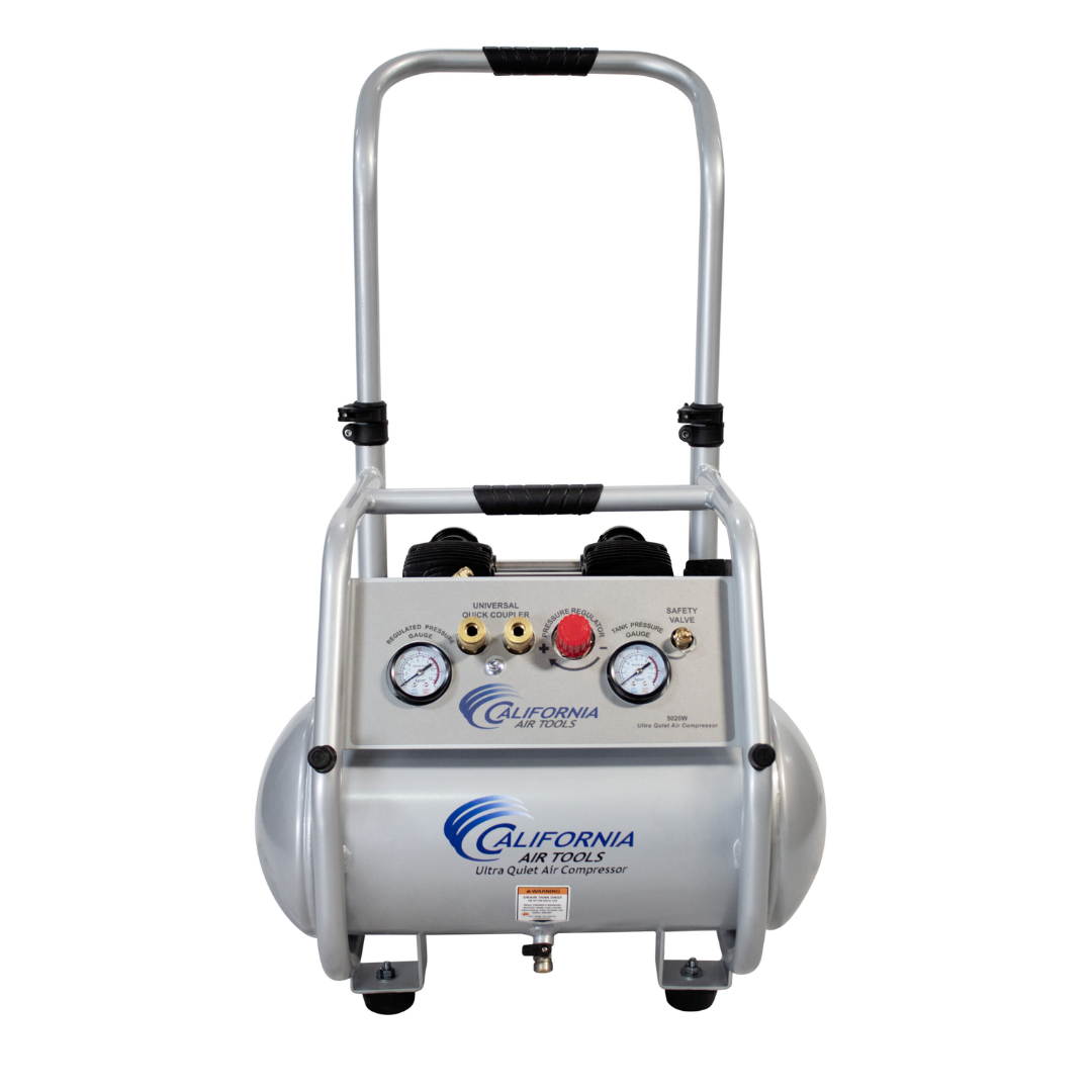 California Air Tools 5020W Powerful 2.0 Hp ultra quiet oil-free rugged 5 gallon air compressor front view with control panel and dual gauges