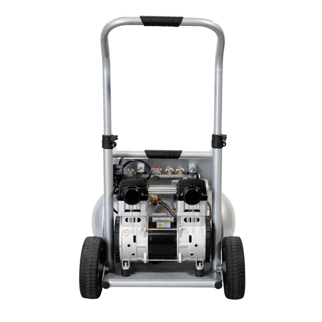 California Air Tools 5020W Powerful 2.0 Hp ultra quiet oil-free rugged 5 gallon air compressor rear view with motor and dual piston pump system