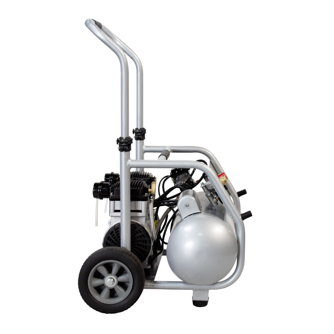 California Air Tools 5020W Powerful 2.0 Hp ultra quiet oil-free rugged 5 gallon air compressor side view with large wheels and portable frame