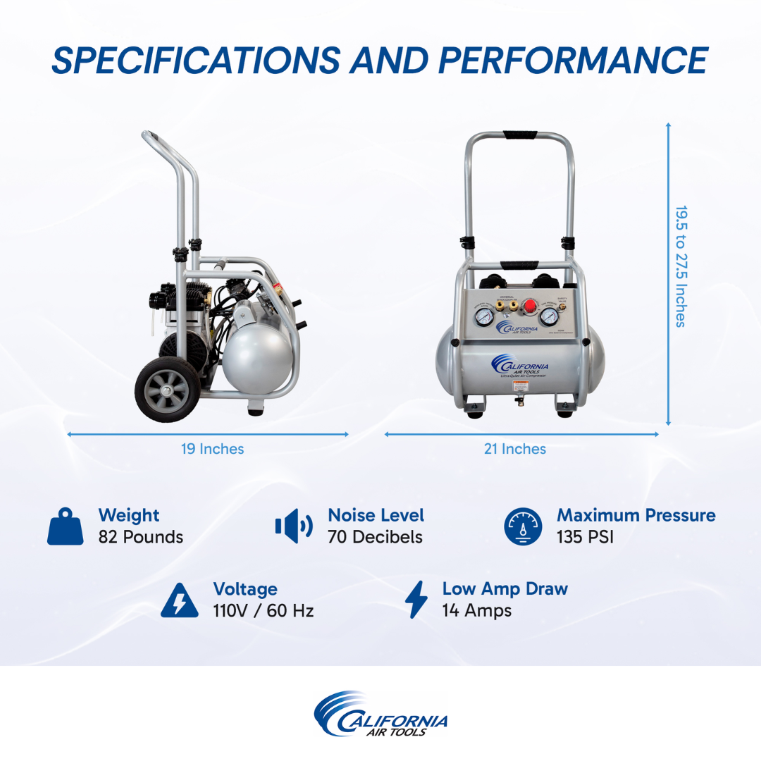California Air Tools 5020W Powerful 2.0 Hp ultra quiet oil-free rugged 5 gallon air compressor specifications and performance comparison chart