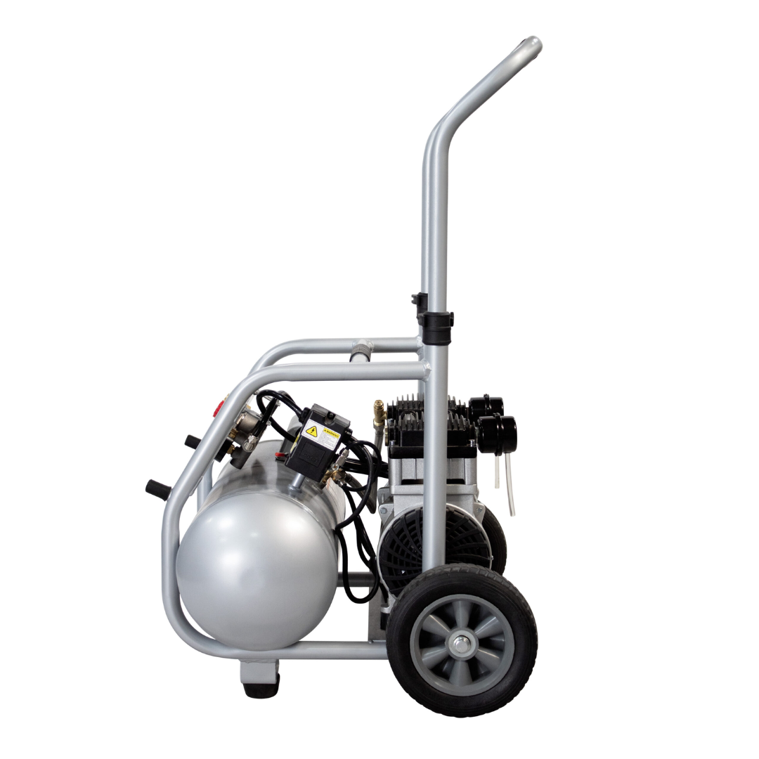 California Air Tools 5020W Powerful 2.0 Hp ultra quiet oil-free rugged 5 gallon air compressor vertical position showing compact storage design