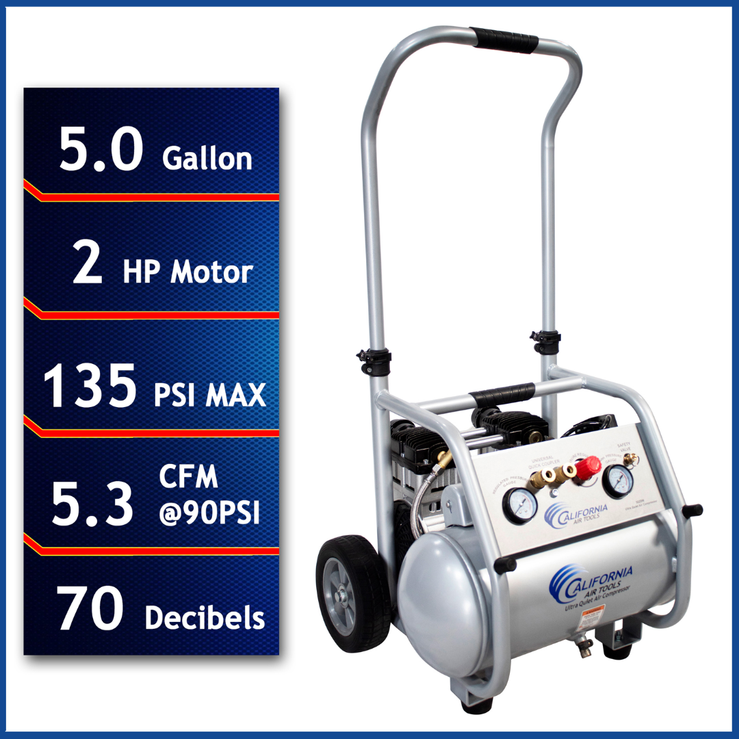 California Air Tools 5020W Powerful 2.0 Hp ultra quiet oil-free rugged 5 gallon air compressor with 135 PSI max and performance specs display