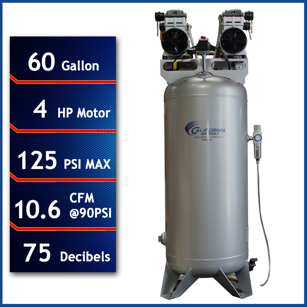 California Air Tools 60040CAD air compressor front view showing 60 gallon vertical ASME tank with 4.0 HP ultra quiet oil-free motor
