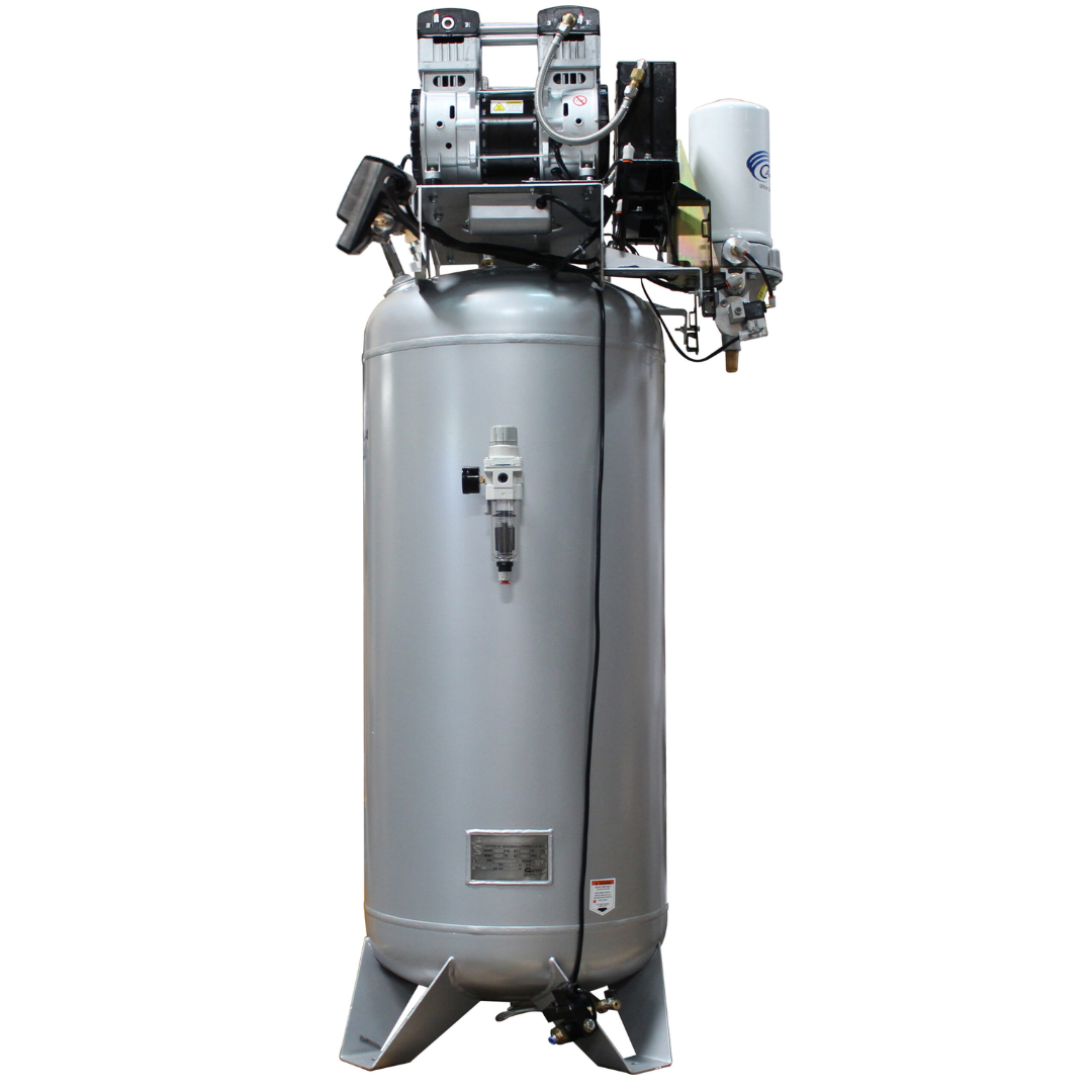 California Air Tools 60040CAD air compressor full side profile showing dual motor assembly and vertical tank design