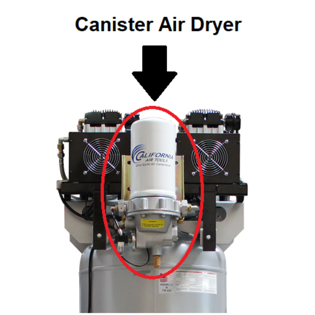 California Air Tools 60040DCADC air compressor air dryer system close-up showing canister desiccant dryer...