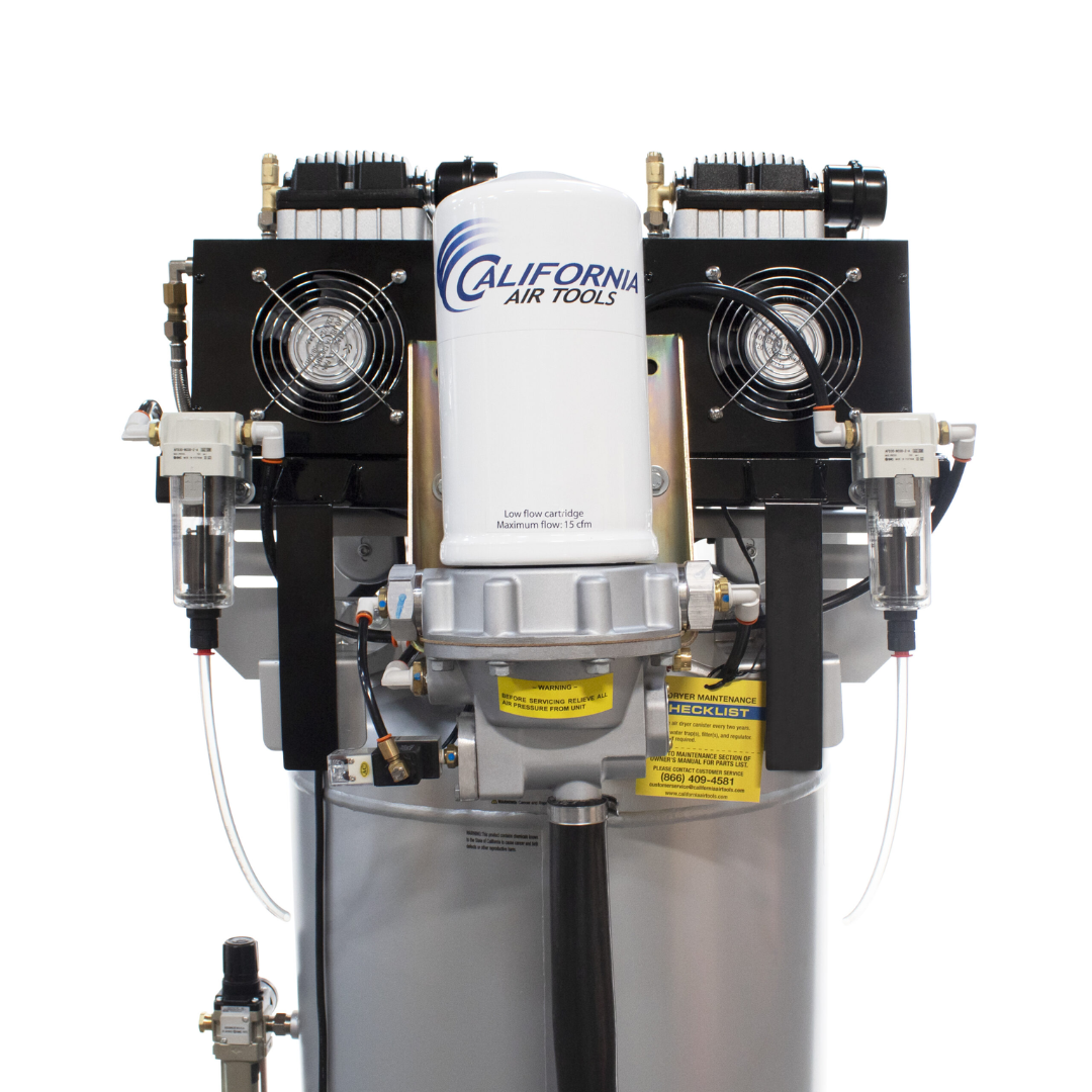 California Air Tools 60040DCADC air compressor air dryer system close-up showing canister desiccant dryer