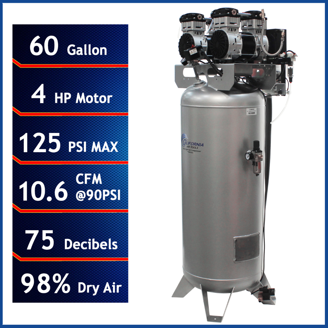 California Air Tools 60040DCADC air compressor front view showing 60 gallon vertical tank with 4.0 HP motor and 98% air drying system