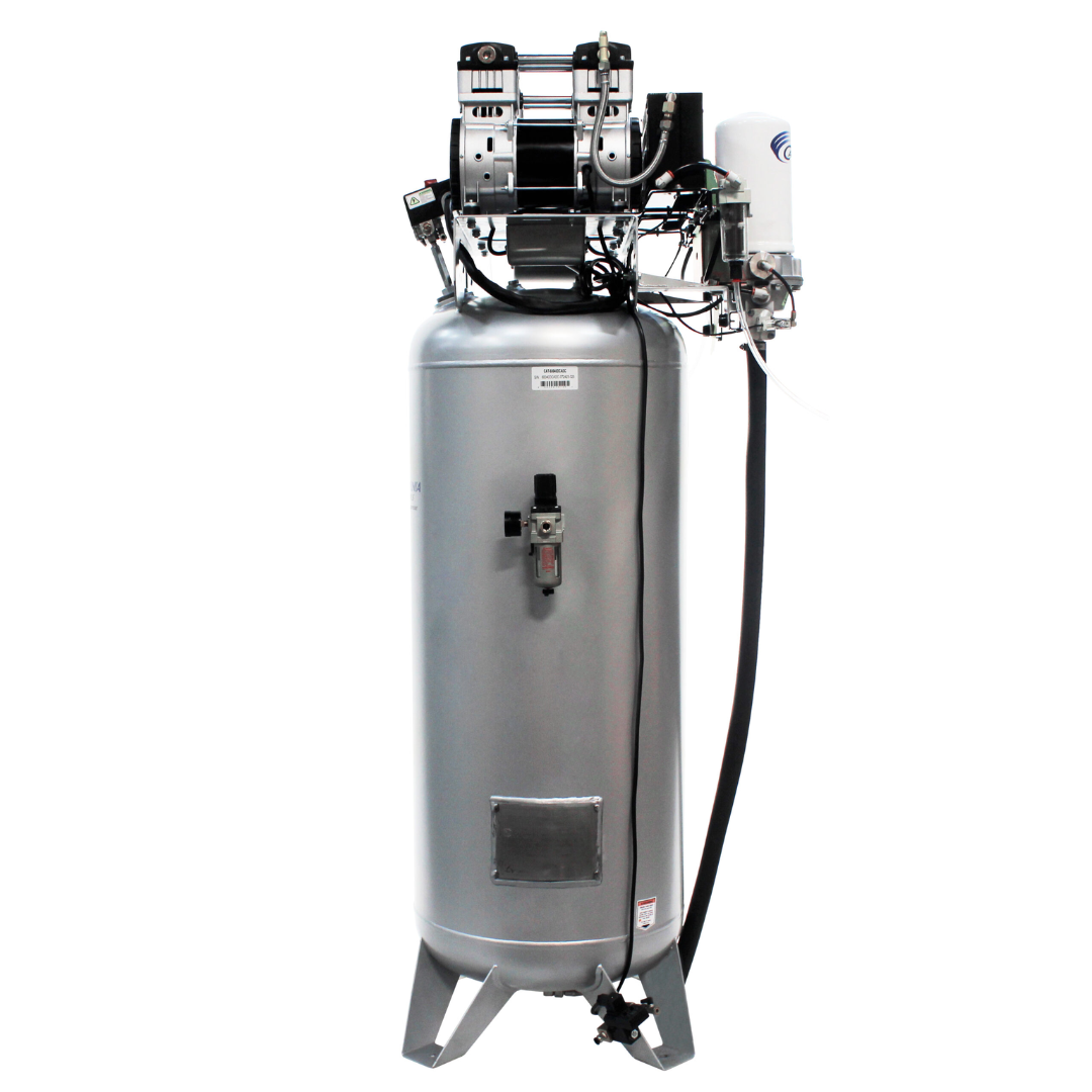 California Air Tools 60040DCADC air compressor full unit view with mounted drying tower and dual motors