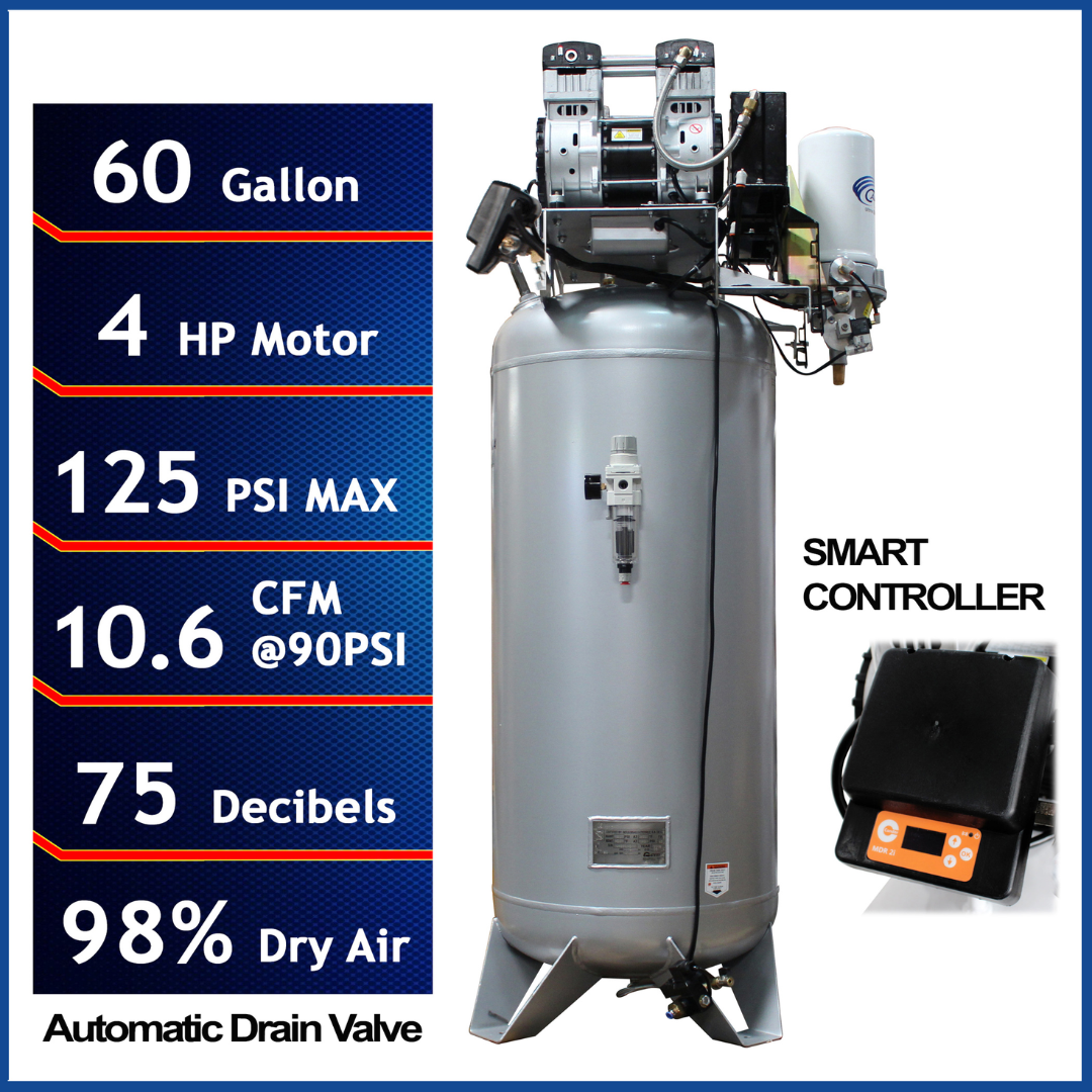 California Air Tools 60040DSMADC air compressor front view showing 60 gallon vertical tank with 4.0 HP motor and integrated SMART controller