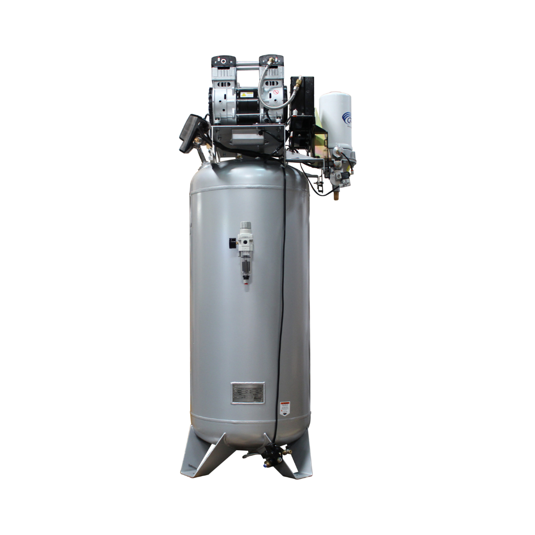 California Air Tools 60040DSMADC air compressor full unit side view showing vertical steel tank and mounted dual motor assembly
